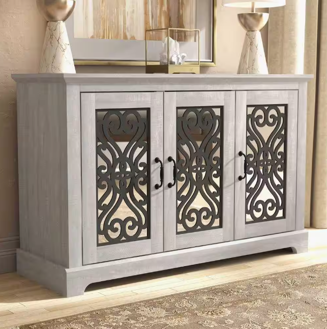 Dusty Gray Oak and Gray Stone Wood 45.7 in. 3-Door Sideboard with Adjustable Shelves