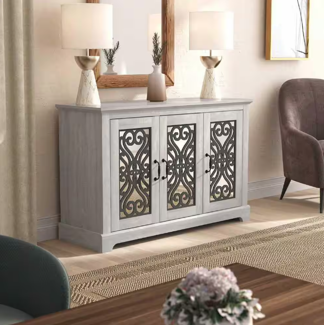 Dusty Gray Oak and Gray Stone Wood 45.7 in. 3-Door Sideboard with Adjustable Shelves