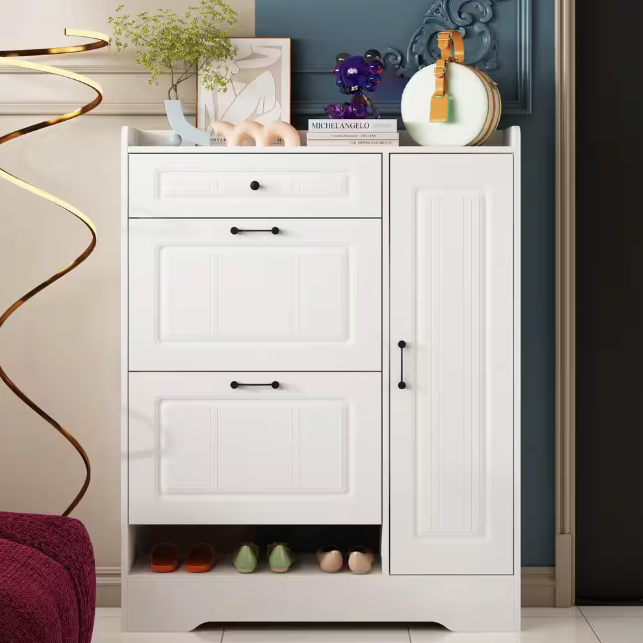 White Wood 15 Pairs Shoe Storage Cabinet with Foldable Compartments