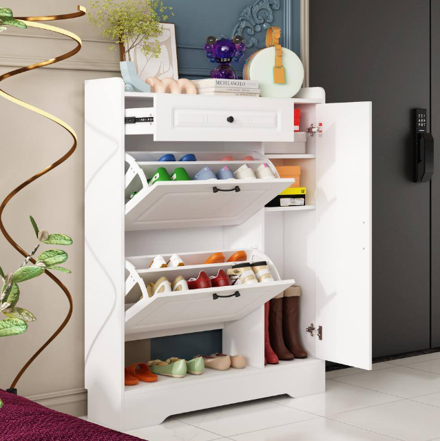 White Wood 15 Pairs Shoe Storage Cabinet with Foldable Compartments