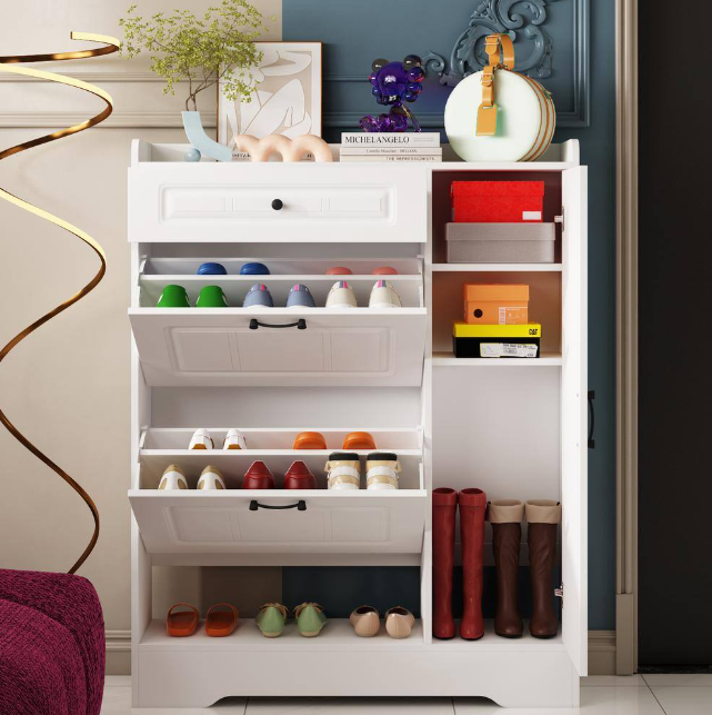 White Wood 15 Pairs Shoe Storage Cabinet with Foldable Compartments