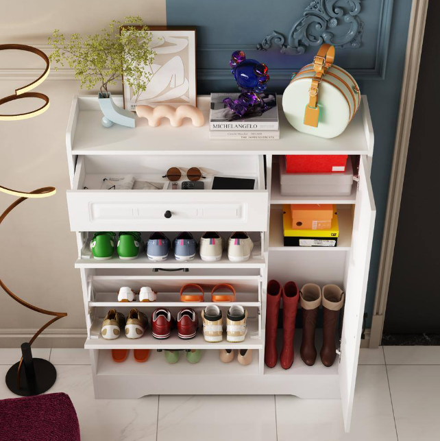 White Wood 15 Pairs Shoe Storage Cabinet with Foldable Compartments