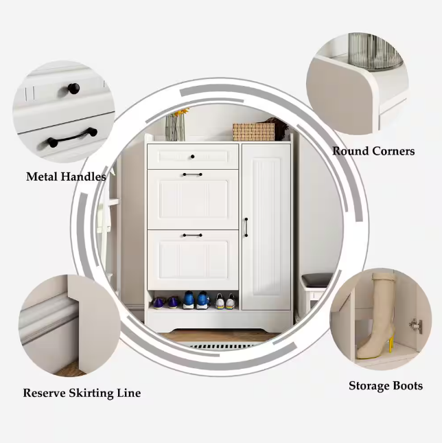 White Wood 15 Pairs Shoe Storage Cabinet with Foldable Compartments