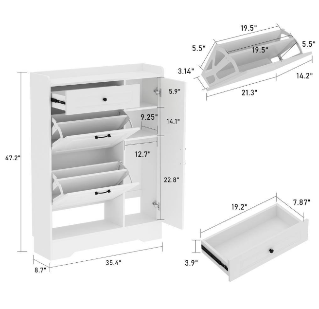 White Wood 15 Pairs Shoe Storage Cabinet with Foldable Compartments