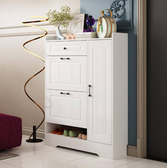 White Wood 15 Pairs Shoe Storage Cabinet with Foldable Compartments