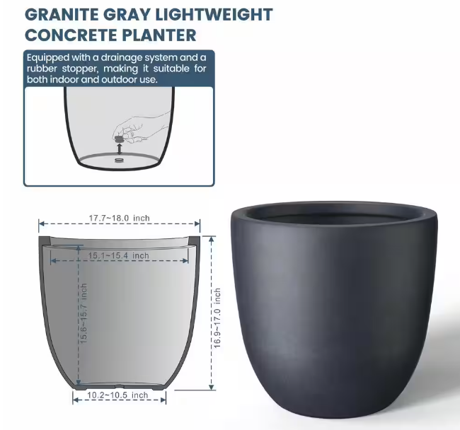 Lightweight 18in. x 17in. Granite Gray Extra Large Tall Round Concrete Plant Pot