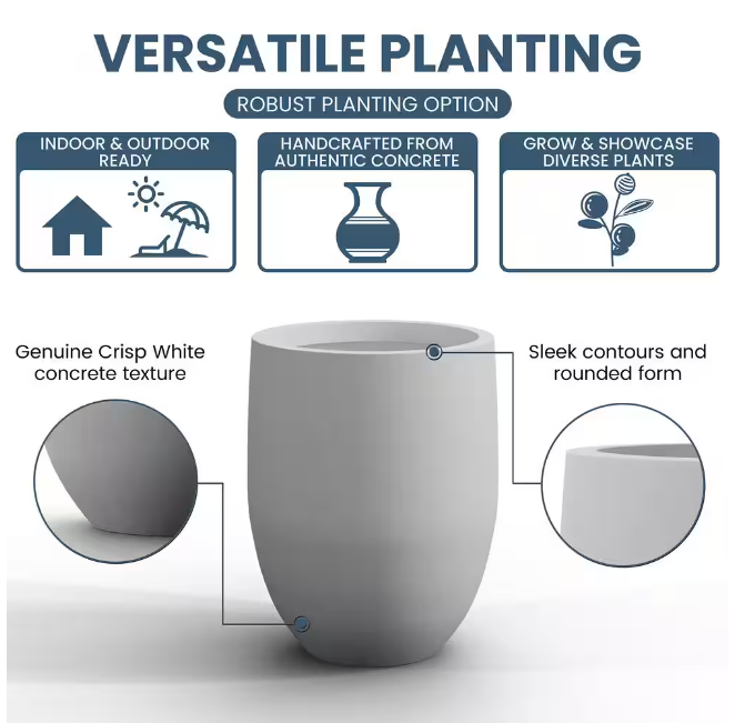 Lightweight 16in. x 22in. Crisp White Extra Large Tall Round Concrete Plant Pot