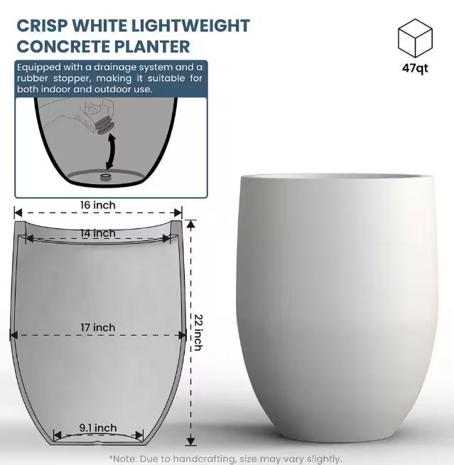 Lightweight 16in. x 22in. Crisp White Extra Large Tall Round Concrete Plant Pot