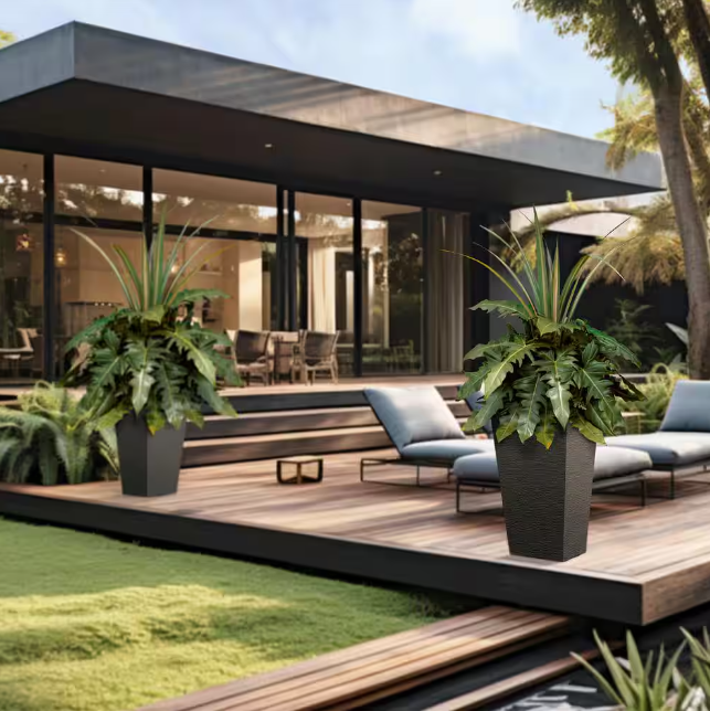 Large & Tall 27.57 in. High Square Charcoal Black Plastic Planter Pots for Indoor/Outdoor Plants (Set of 2)