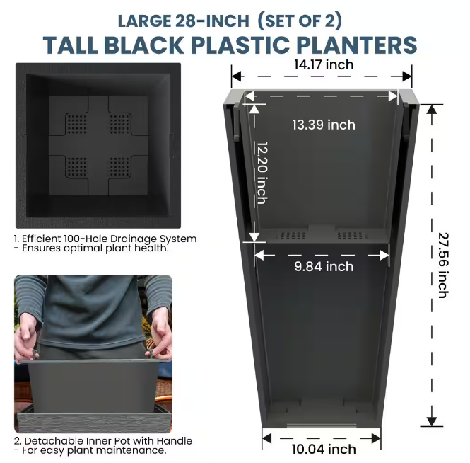 Large & Tall 27.57 in. High Square Charcoal Black Plastic Planter Pots for Indoor/Outdoor Plants (Set of 2)
