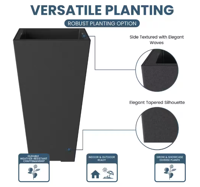 Large & Tall 27.57 in. High Square Charcoal Black Plastic Planter Pots for Indoor/Outdoor Plants (Set of 2)