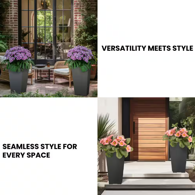 Large & Tall 27.57 in. High Square Charcoal Black Plastic Planter Pots for Indoor/Outdoor Plants (Set of 2)