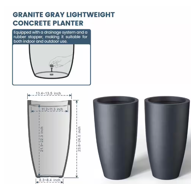 13.5in. Dia Granite Gray Extra Large Tall Round Concrete Plant Pot