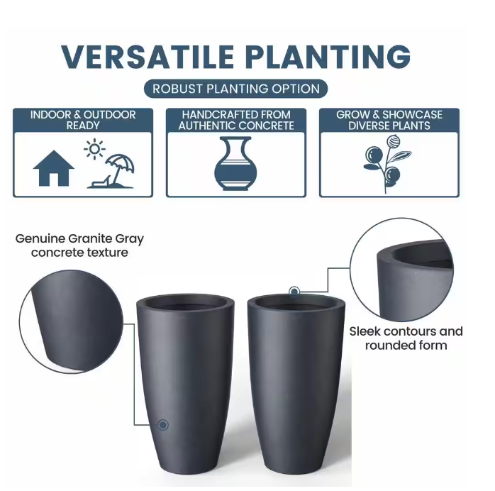 13.5in. Dia Granite Gray Extra Large Tall Round Concrete Plant Pot