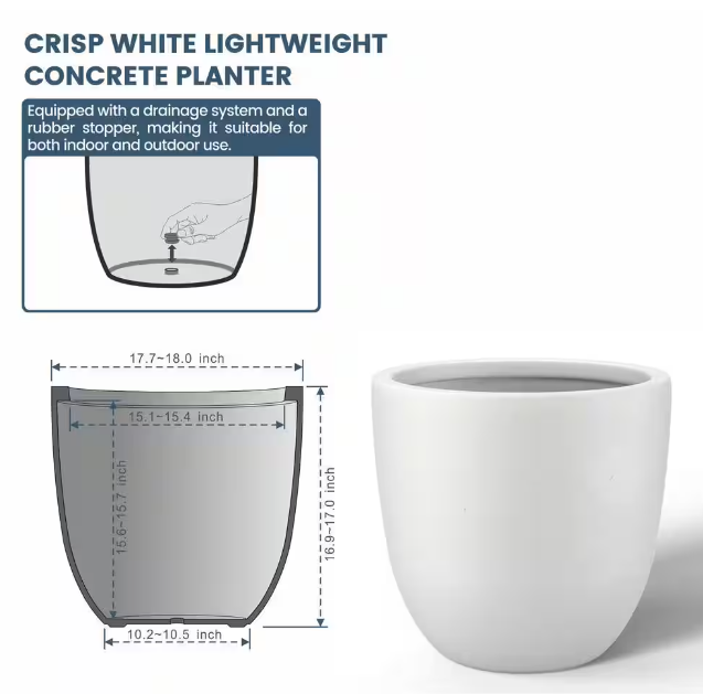 Lightweight 18 in. x 17 in. Crisp White Extra Large Tall Round Concrete Plant Pot