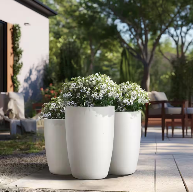 14" x 17" x 20" Dia Crisp White Extra Large Tall Round Concrete Plant Pot/Planter for Indoor and Outdoor Set of 3