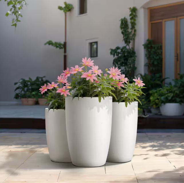 14" x 17" x 20" Dia Crisp White Extra Large Tall Round Concrete Plant Pot/Planter for Indoor and Outdoor Set of 3