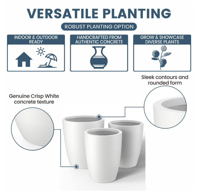 14" x 17" x 20" Dia Crisp White Extra Large Tall Round Concrete Plant Pot/Planter for Indoor and Outdoor Set of 3