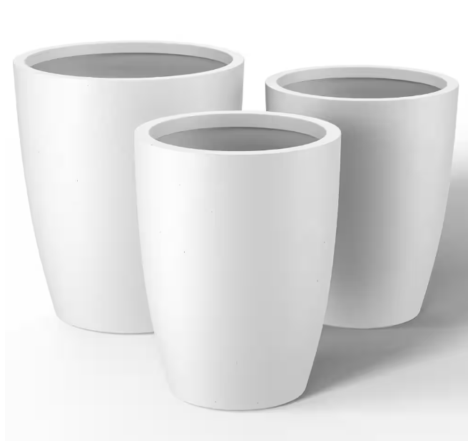 14" x 17" x 20" Dia Crisp White Extra Large Tall Round Concrete Plant Pot/Planter for Indoor and Outdoor Set of 3