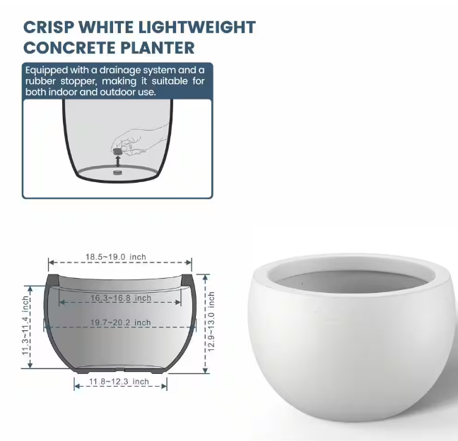 Lightweight 19 in. x 13 in. Crisp White Extra Large Tall Round Concrete Plant Pot/Planter for Indoor and Outdoor