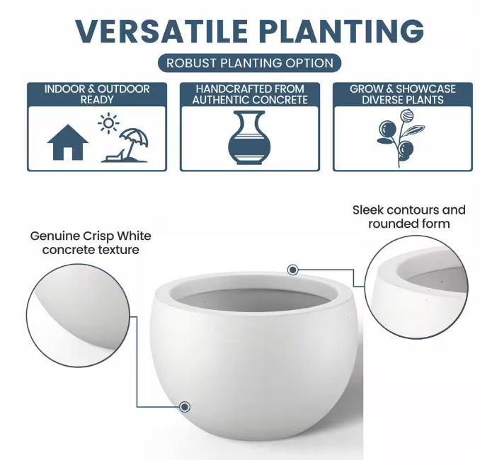 Lightweight 19 in. x 13 in. Crisp White Extra Large Tall Round Concrete Plant Pot/Planter for Indoor and Outdoor