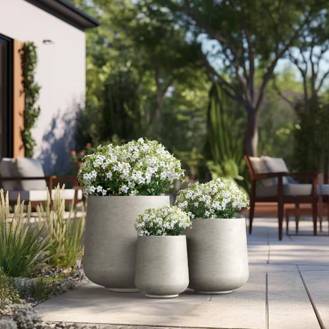 15.5 in., 12 in., 8.5 in. Dia Light Gray Large Tall Round Concrete Plant Pot / Planter for Indoor and Outdoor Set of 3