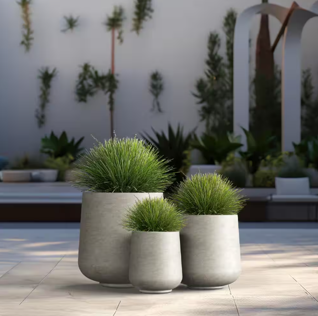 15.5 in., 12 in., 8.5 in. Dia Light Gray Large Tall Round Concrete Plant Pot / Planter for Indoor and Outdoor Set of 3