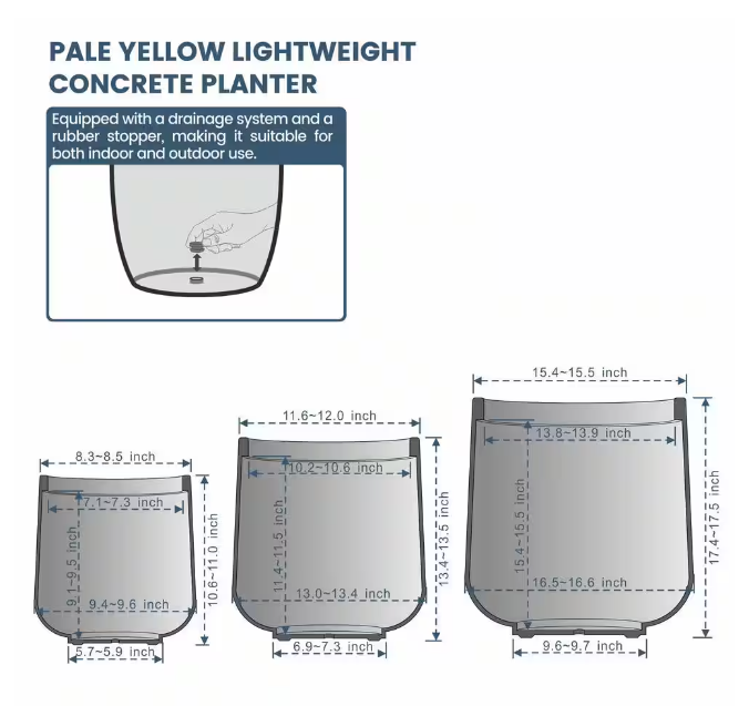 15.5 in., 12 in., 8.5 in. Dia Light Gray Large Tall Round Concrete Plant Pot / Planter for Indoor and Outdoor Set of 3