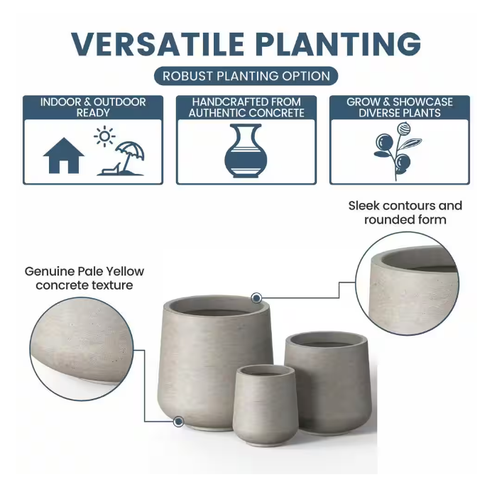 15.5 in., 12 in., 8.5 in. Dia Light Gray Large Tall Round Concrete Plant Pot / Planter for Indoor and Outdoor Set of 3