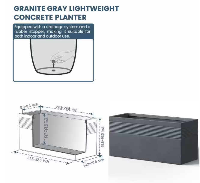 Modern 31.5 in. Length Large Tall Elongated Square Granite Gray Outdoor Cement Planter Plant Pots