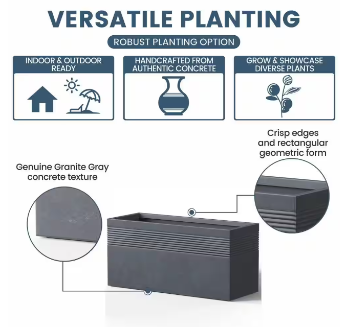 Modern 31.5 in. Length Large Tall Elongated Square Granite Gray Outdoor Cement Planter Plant Pots