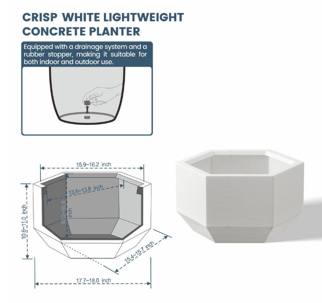 Lightweight 11 in. H Large Crisp White Geometric Concrete Plant Pot/Planter for Indoor and Outdoor
