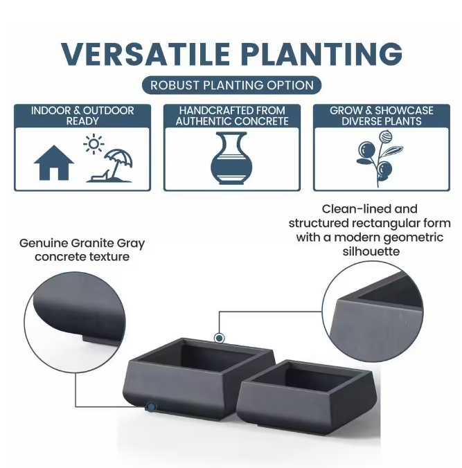 Modern 10 in., 7.5 in. High Large Tall Tapered Square Light Gray Outdoor Cement Planter Plant Pots Set of 2