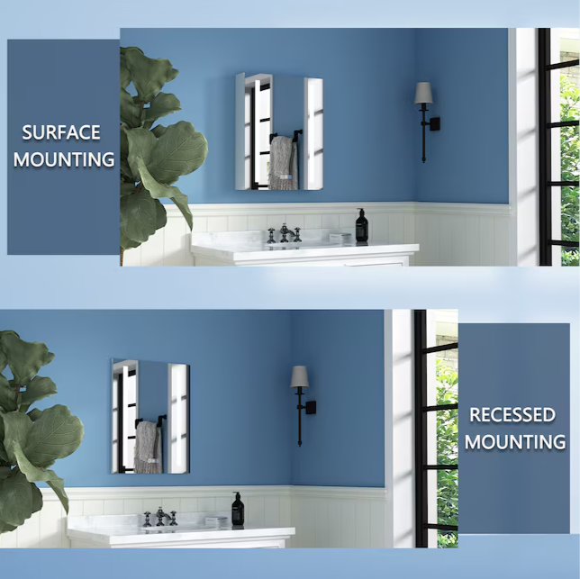 LED Medicine Cabinet 20-in x 26-in Lighted LED Fog Free Surface/Recessed Mount Silver Mirrored Soft Close Medicine Cabinet with Outlet