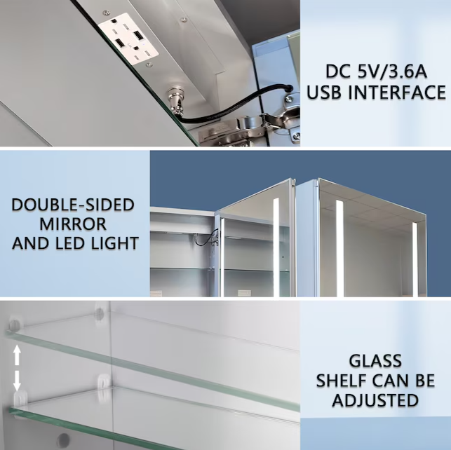 LED Medicine Cabinet 20-in x 26-in Lighted LED Fog Free Surface/Recessed Mount Silver Mirrored Soft Close Medicine Cabinet with Outlet