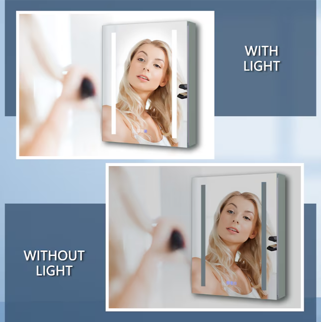 LED Medicine Cabinet 20-in x 26-in Lighted LED Fog Free Surface/Recessed Mount Silver Mirrored Soft Close Medicine Cabinet with Outlet