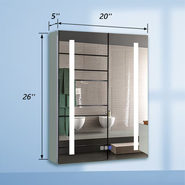 LED Medicine Cabinet 20-in x 26-in Lighted LED Fog Free Surface/Recessed Mount Silver Mirrored Soft Close Medicine Cabinet with Outlet