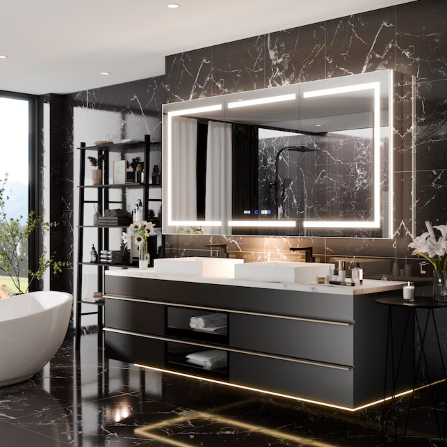 Bathroom Medcine Cabinet 72-in x 36-in Lighted LED Fog Free Surface/Recessed Mount Silver Mirrored Soft Close Medicine Cabinet with Outlet