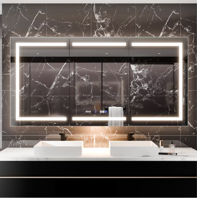 Bathroom Medcine Cabinet 72-in x 36-in Lighted LED Fog Free Surface/Recessed Mount Silver Mirrored Soft Close Medicine Cabinet with Outlet