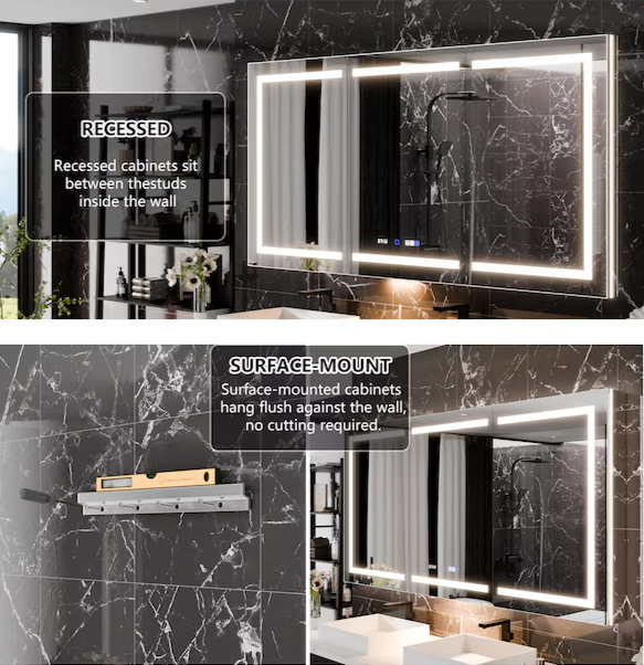 Bathroom Medcine Cabinet 72-in x 36-in Lighted LED Fog Free Surface/Recessed Mount Silver Mirrored Soft Close Medicine Cabinet with Outlet