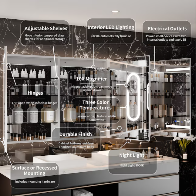 Bathroom Medcine Cabinet 72-in x 36-in Lighted LED Fog Free Surface/Recessed Mount Silver Mirrored Soft Close Medicine Cabinet with Outlet