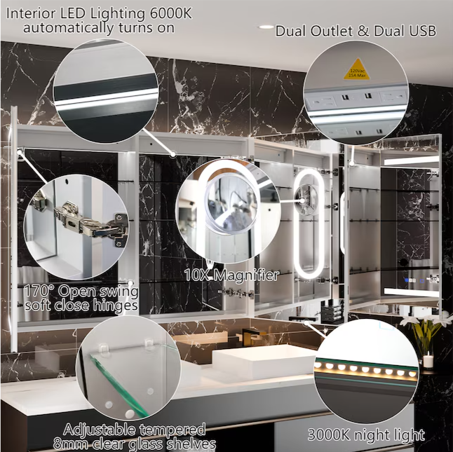 Bathroom Medcine Cabinet 72-in x 36-in Lighted LED Fog Free Surface/Recessed Mount Silver Mirrored Soft Close Medicine Cabinet with Outlet