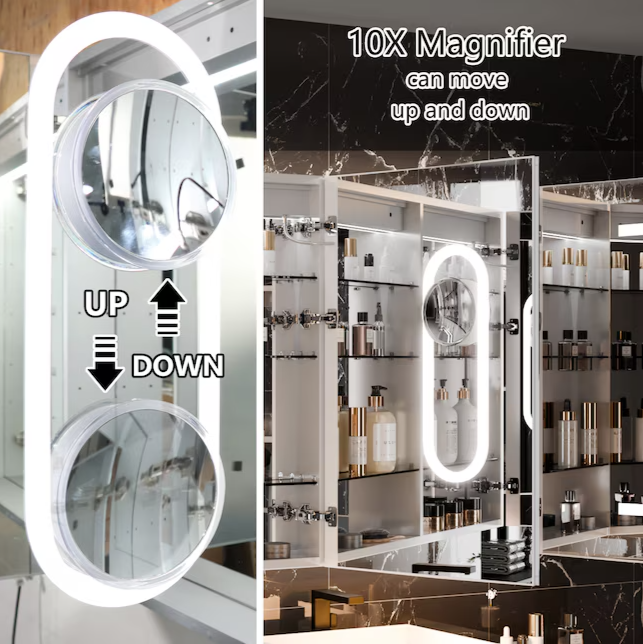 Bathroom Medcine Cabinet 72-in x 36-in Lighted LED Fog Free Surface/Recessed Mount Silver Mirrored Soft Close Medicine Cabinet with Outlet