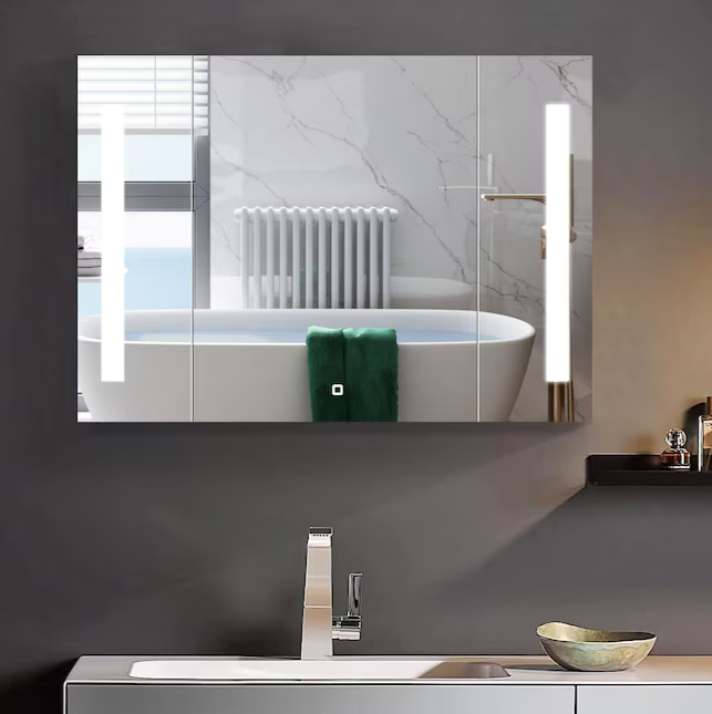 Medicine Cabinet 30-in x 26-in Lighted LED Fog Free Surface/Recessed Mount Black Mirrored Soft Close Medicine Cabinet