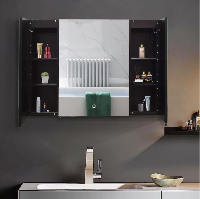 Medicine Cabinet 30-in x 26-in Lighted LED Fog Free Surface/Recessed Mount Black Mirrored Soft Close Medicine Cabinet