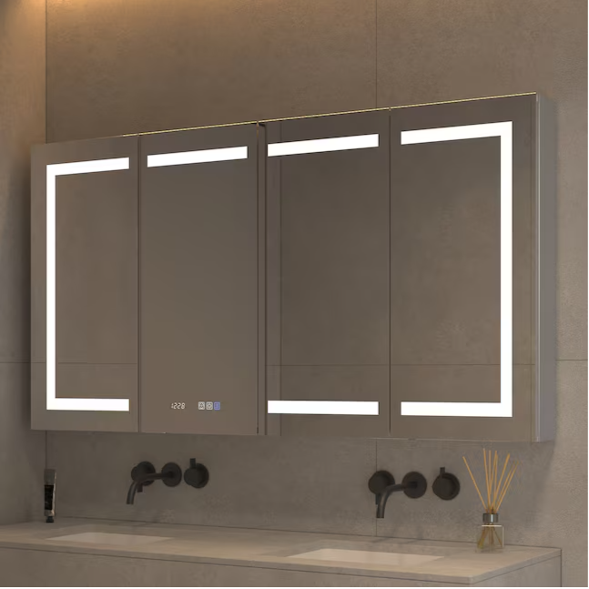 Bathroom Medcine Cabinet 60-in x 32-in Lighted LED Fog Free Surface/Recessed Mount Silver Mirrored Soft Close Medicine Cabinet