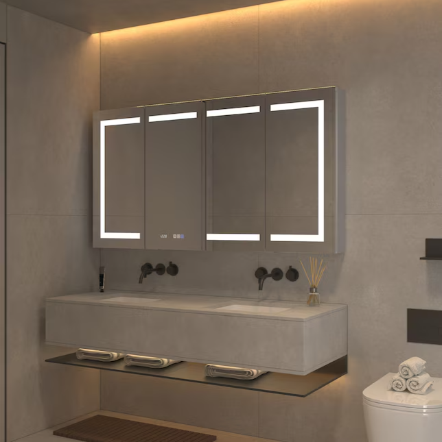 Bathroom Medcine Cabinet 60-in x 32-in Lighted LED Fog Free Surface/Recessed Mount Silver Mirrored Soft Close Medicine Cabinet