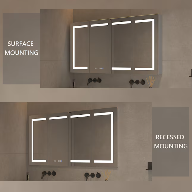 Bathroom Medcine Cabinet 60-in x 32-in Lighted LED Fog Free Surface/Recessed Mount Silver Mirrored Soft Close Medicine Cabinet