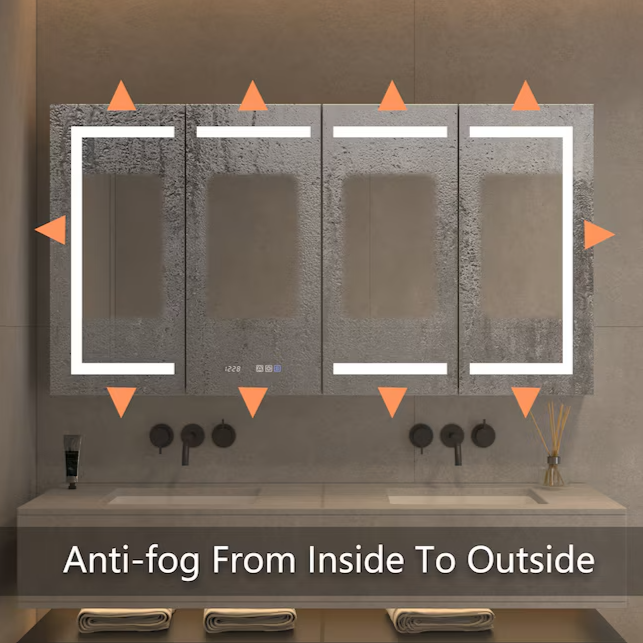 Bathroom Medcine Cabinet 60-in x 32-in Lighted LED Fog Free Surface/Recessed Mount Silver Mirrored Soft Close Medicine Cabinet