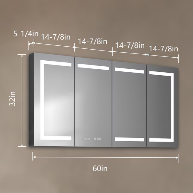 Bathroom Medcine Cabinet 60-in x 32-in Lighted LED Fog Free Surface/Recessed Mount Silver Mirrored Soft Close Medicine Cabinet